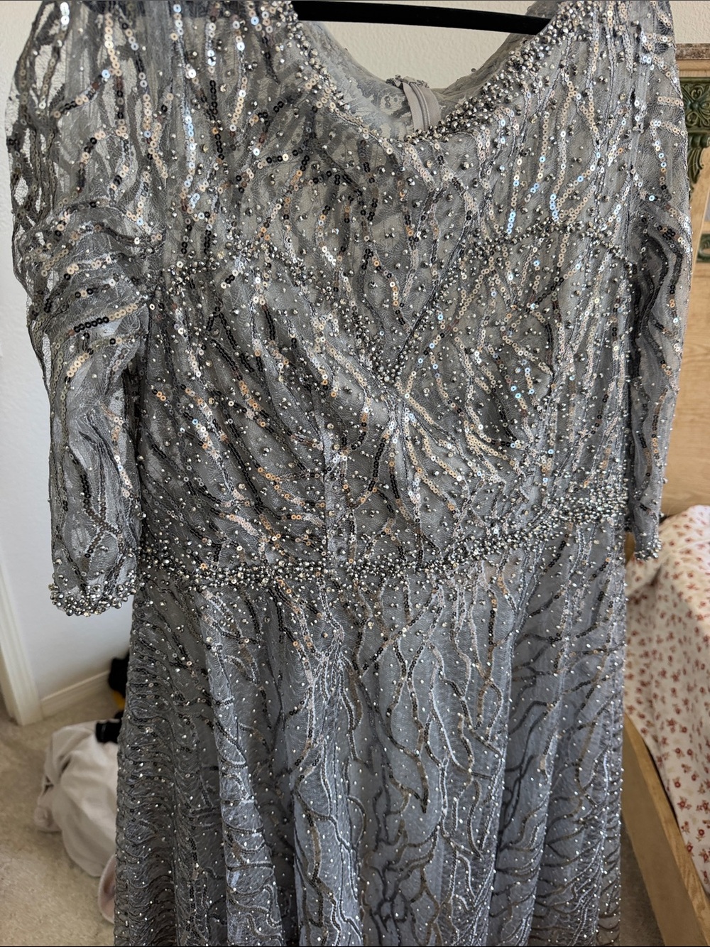 Mac Duggal Silver Sequin Long Sleeve Evening Gown